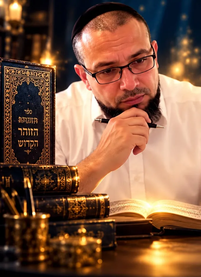 הרב גבריאל סבח מעיין בספר ליד שולחן עם ספרי קודש